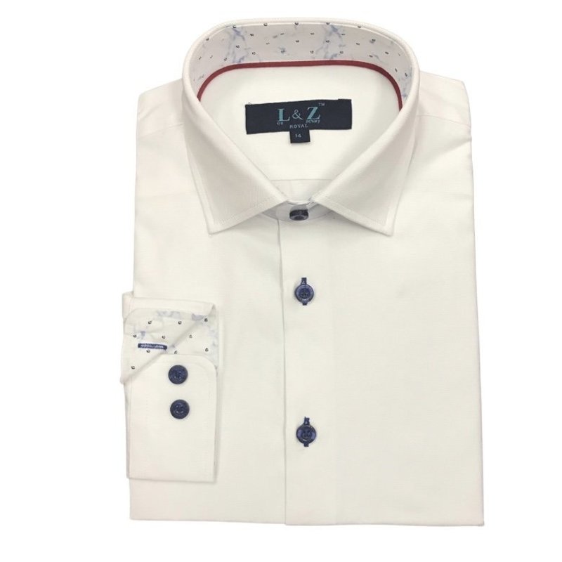 LEO AND ZACHARY INC. BOYS WHITE WITH ROYAL LS DRESS SHIRT