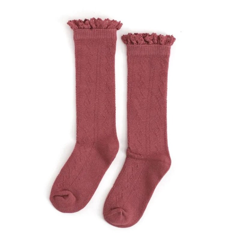 LITTLE STOCKING CO. MAUVE ROSE FANCY LACE TOP KNEE HIGH SOCKS