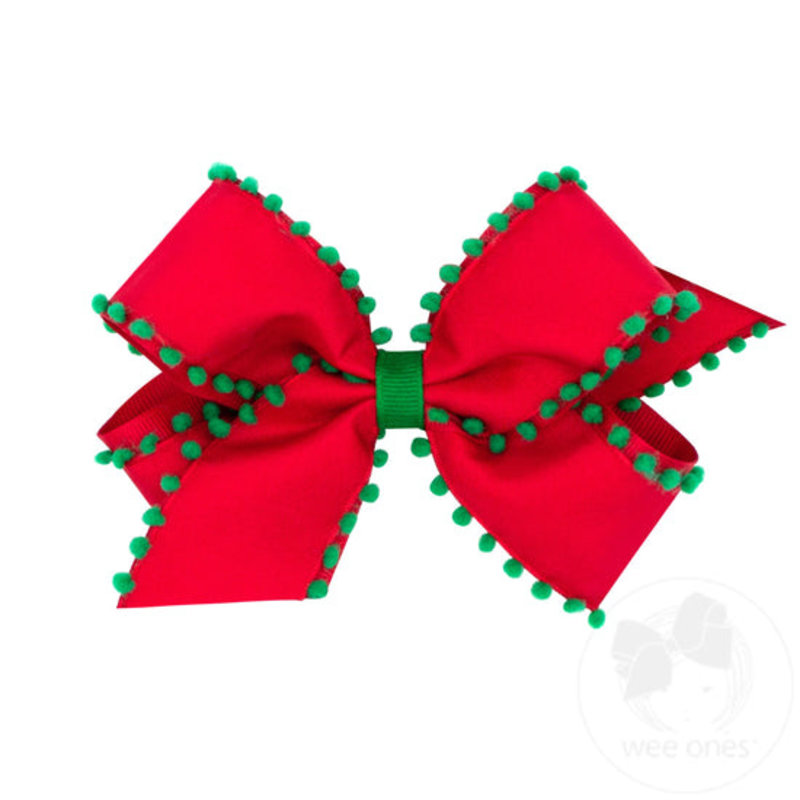 WEE ONES MED ASST PLAID AND POM OVERLAY BOW - RED/GRN