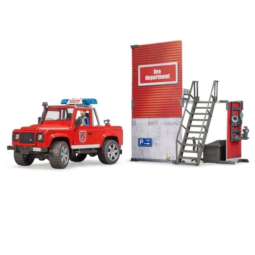 BRUDER BWORLD FIRE STATION W LAND ROVER + L/S MODULE