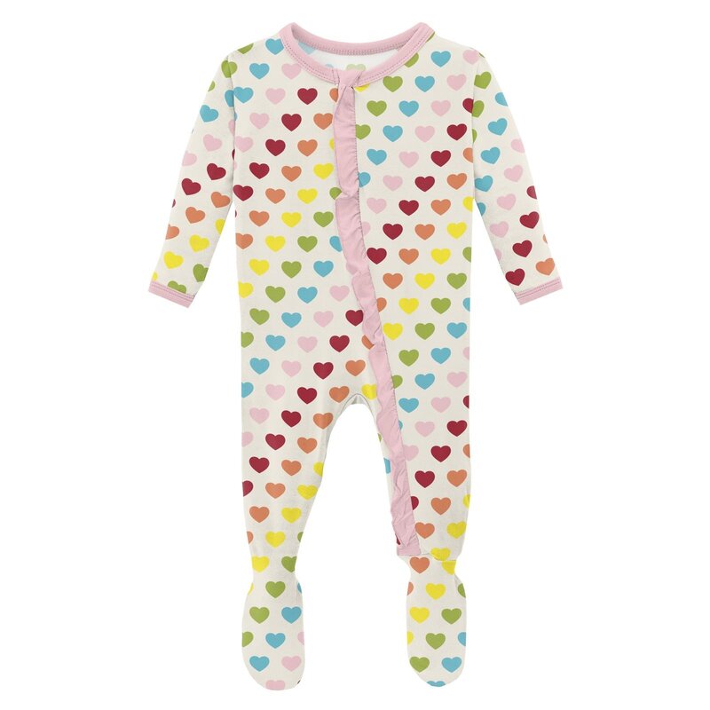 KICKEE PANTS Prnt Clsc Rffl Footie w Zppr - Rainbow Hearts