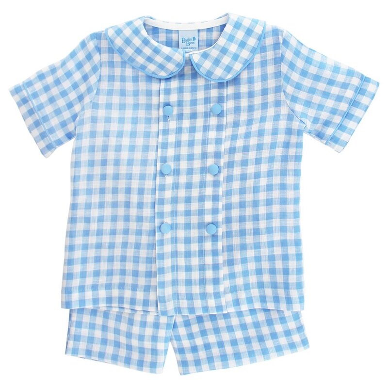 BAILEY BOYS BOYS SKY LINEN GINGHAM, DRESSY SHORT SET