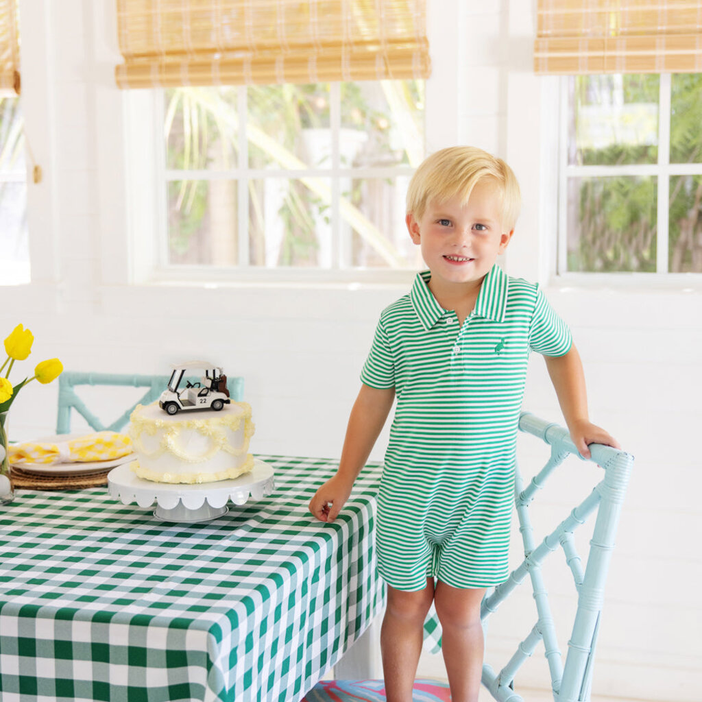 THE BEAUFORT BONNET COMPANY SIR PROPERS ROMPER- Kiawah Kelly Green Stripe With Kiawah Kelly Green Stork