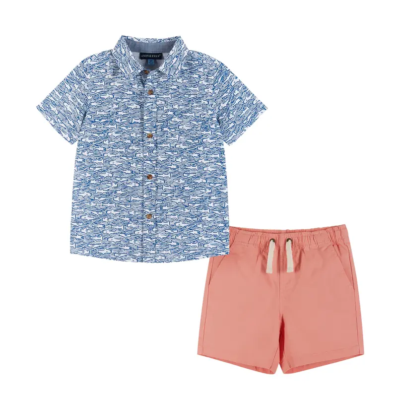 ANDY & EVAN Shark Print Buttondown and Shorts Set