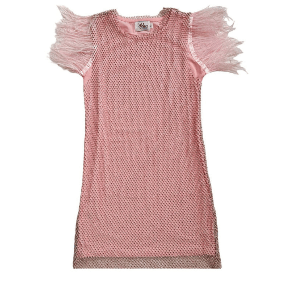 LOLA AND THE BOYS CRYSTAL FEATHER TRIMS SEQUIN DRESS
