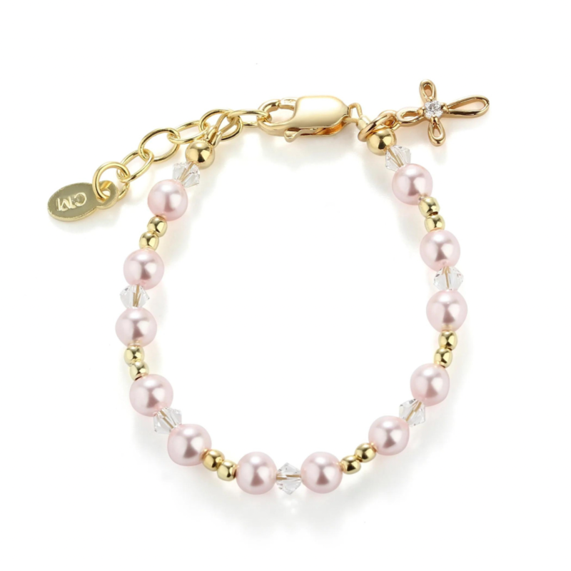 CHERISHED MOMENTS LAUREN-MED-14K GOLD-PLATED PINK PEARL CROSS
