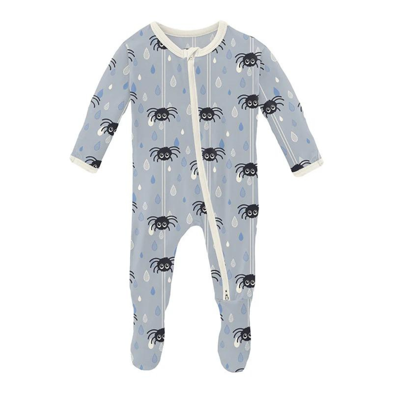 KICKEE PANTS PRINT FOOTIE WITH 2 WAY ZIPPER - PEARL BLUE ITSY BITSY SPIDER