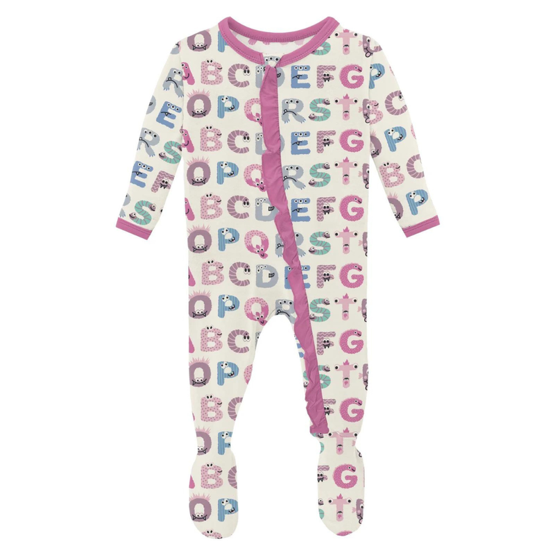 KICKEE PANTS PRINT CLASSIC RUFFLE FOOTIE - NATURAL ABC MONSTERS