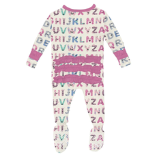 KICKEE PANTS PRINT CLASSIC RUFFLE FOOTIE - NATURAL ABC MONSTERS