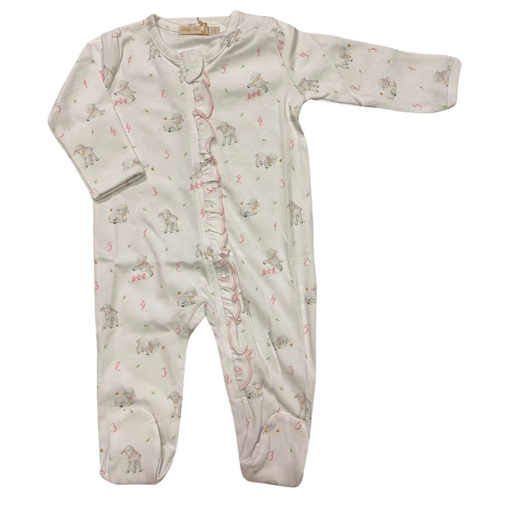 BABY CLUB CHIC counting baby sheep pink printed zipper footie w/ruffles