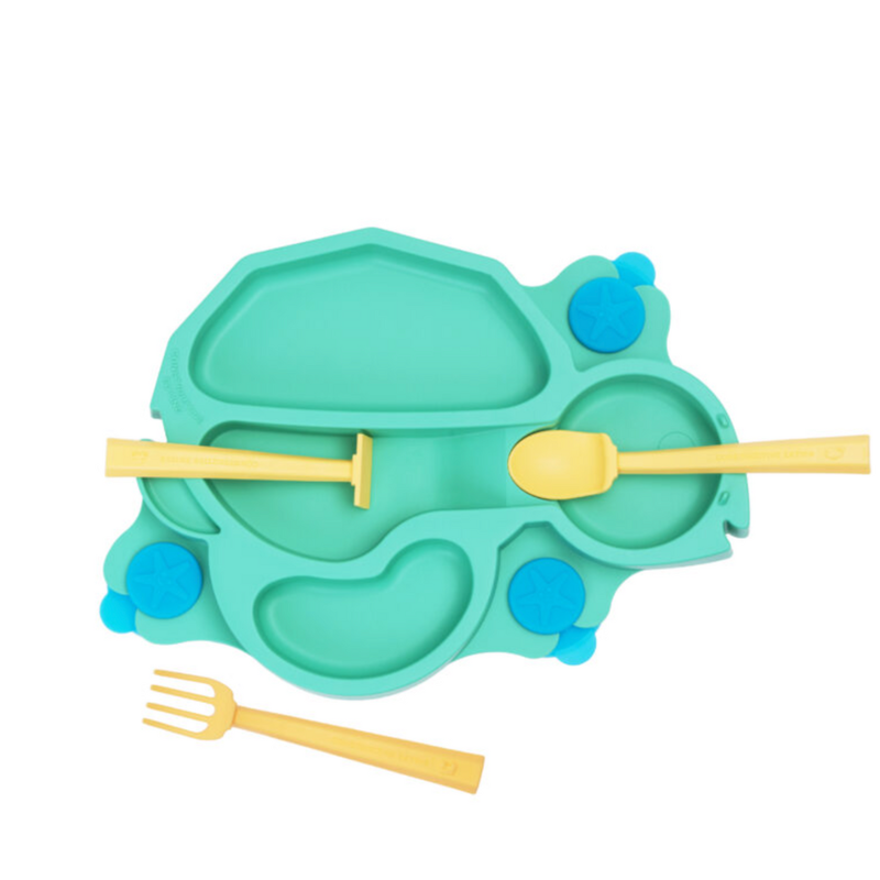 TURTLE TRAINING PLATE W/UTENSILS -BLUE