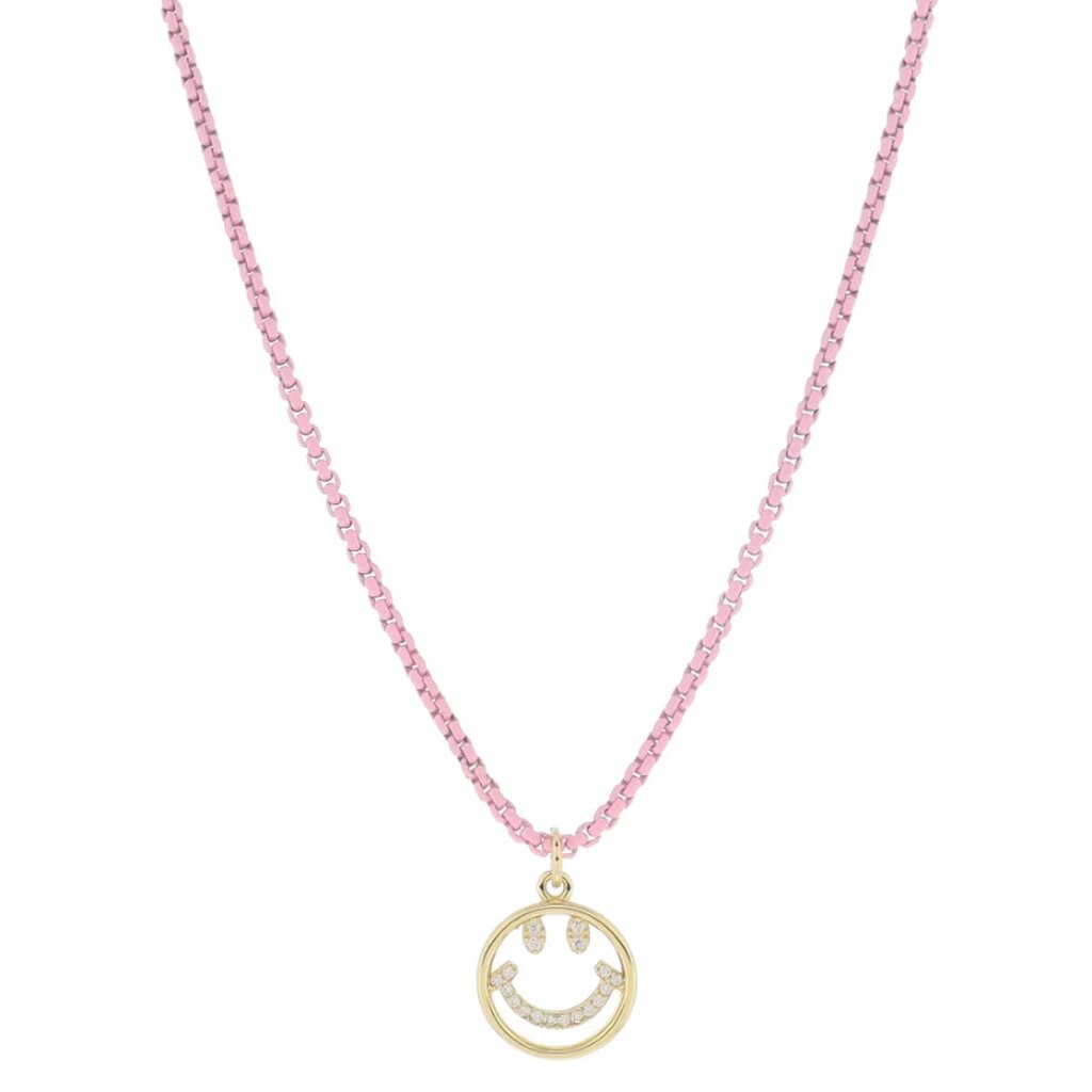 JANE MARIE Kids Light Pink Box Chain with Gold Happy Face Necklace