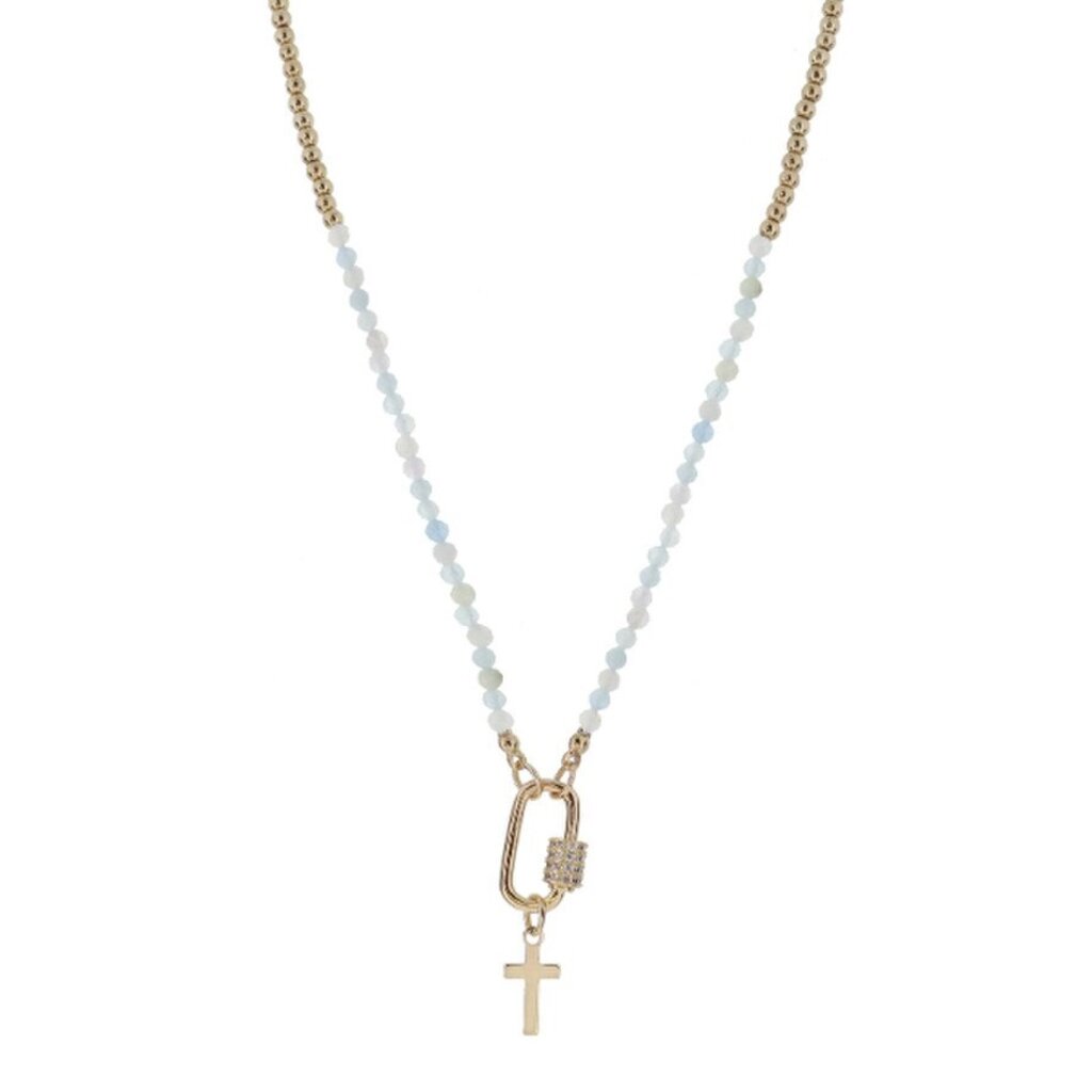 JANE MARIE Kids Aquamarine Stone Beaded with Carabiner & Cross Necklace