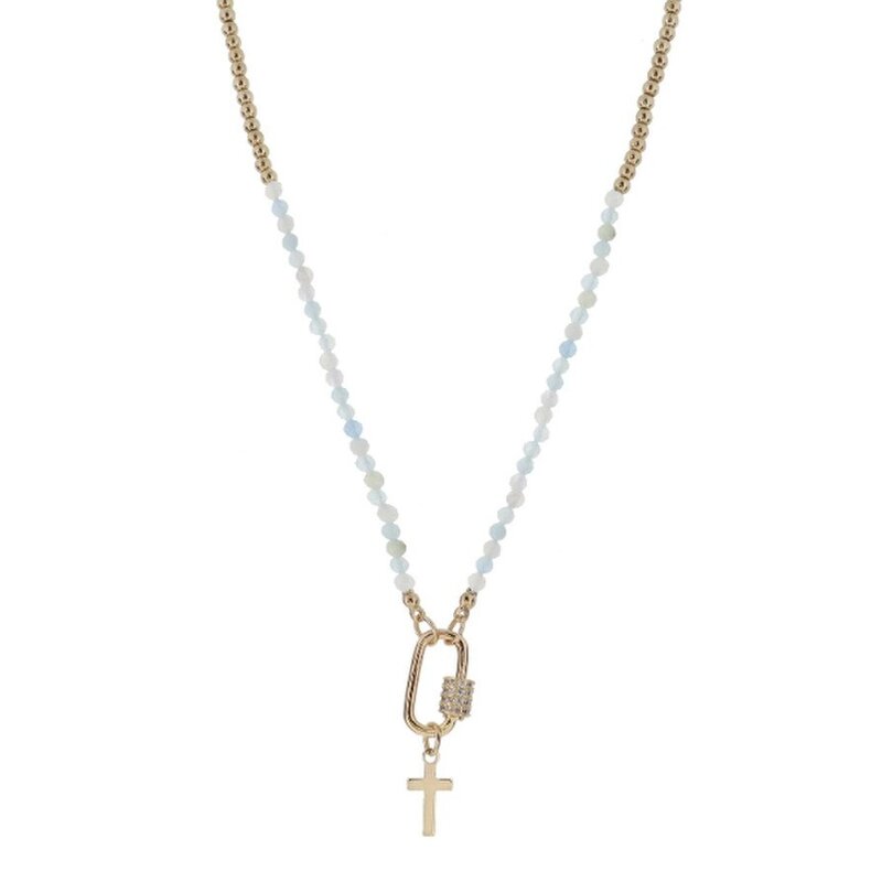 JANE MARIE Kids Aquamarine Stone Beaded with Carabiner & Cross Necklace