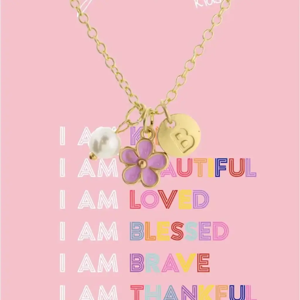 JANE MARIE Kids 14" "B" Initial Disc, Pearl, & Purple Flower Necklace