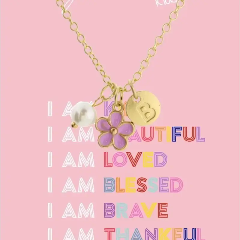 JANE MARIE Kids 14" "B" Initial Disc, Pearl, & Purple Flower Necklace