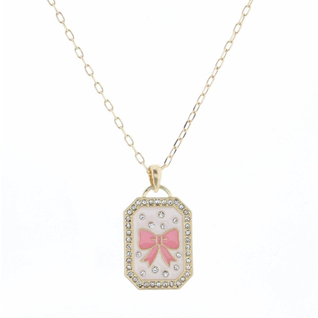 JANE MARIE Kids 14" Light Pink Enamel with Crystals & Pink Bow Necklace
