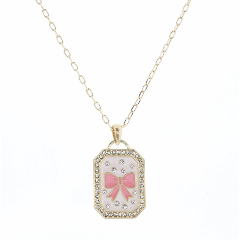 JANE MARIE Kids 14" Light Pink Enamel with Crystals & Pink Bow Necklace