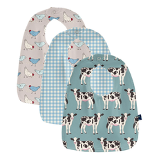 KICKEE PANTS BIB SET OF 3-JADE COWS, SEASIDE BLUE GINGHAM, LATTE CHICS