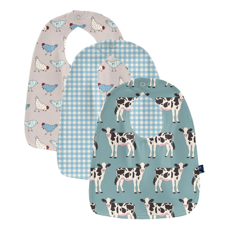 KICKEE PANTS BIB SET OF 3-JADE COWS, SEASIDE BLUE GINGHAM, LATTE CHICS