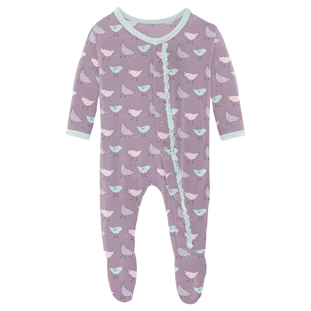 KICKEE PANTS CLASSIC RUFFLE FOOTIE W/2 WAY ZIPPER-LAV CHICKENS