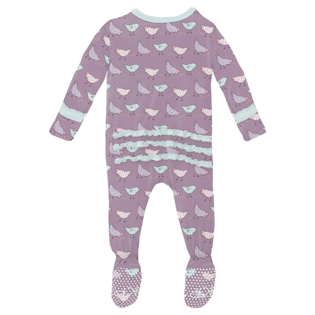 KICKEE PANTS CLASSIC RUFFLE FOOTIE W/2 WAY ZIPPER-LAV CHICKENS