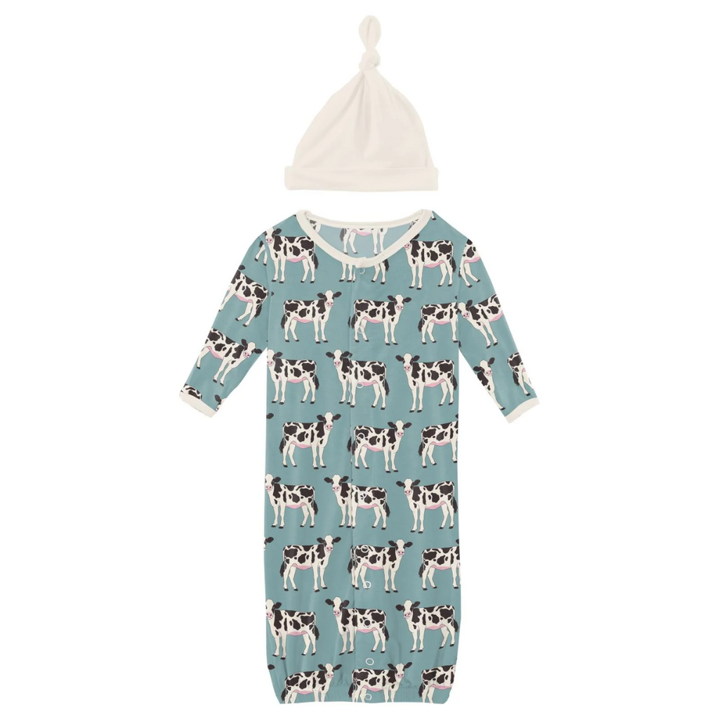 KICKEE PANTS LAYETTE GOWN CONVERT./ SINGLE KNOT HAT SET JADE COWS