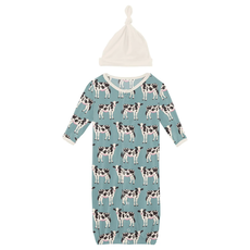 KICKEE PANTS LAYETTE GOWN CONVERT./ SINGLE KNOT HAT SET JADE COWS