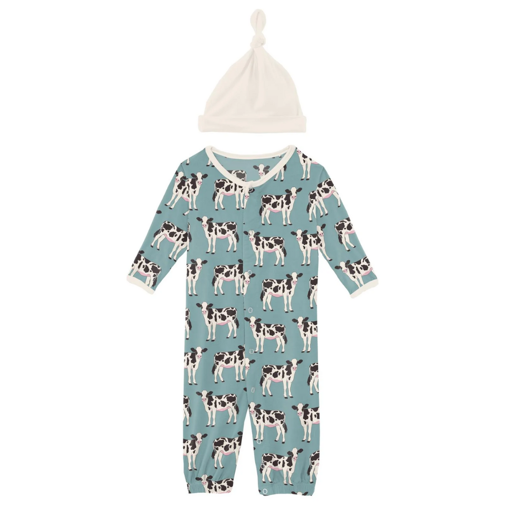 KICKEE PANTS LAYETTE GOWN CONVERT./ SINGLE KNOT HAT SET JADE COWS