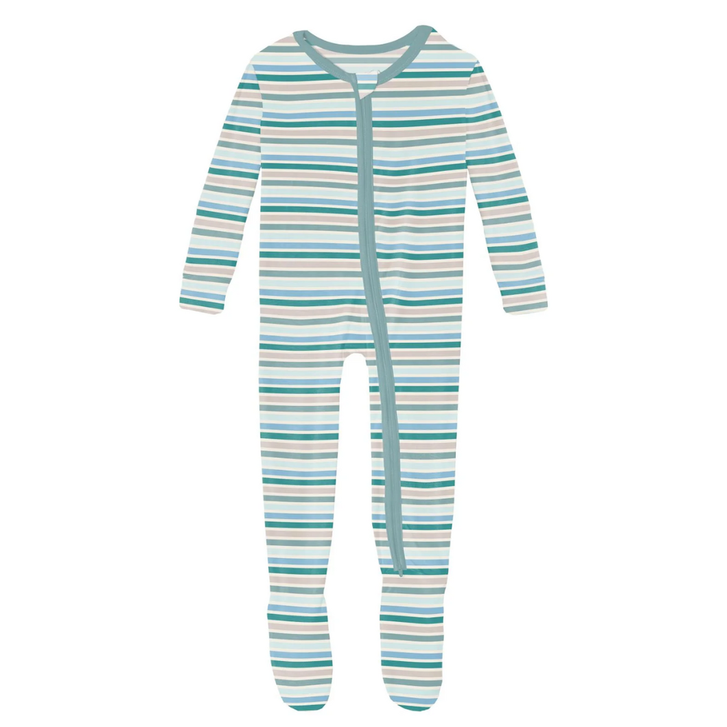 KICKEE PANTS PRINT FOOTIE W/2 WAY  ZIPPER-LAKESIDE STRIPES