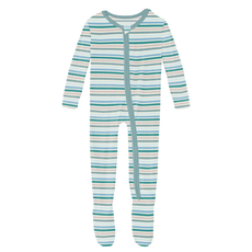 KICKEE PANTS PRINT FOOTIE W/2 WAY  ZIPPER-LAKESIDE STRIPES