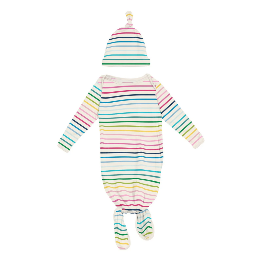 KICKEE PANTS PRINT KNOTTED LAYETTE GOWN & HAT SET-HAPPY STRIPES