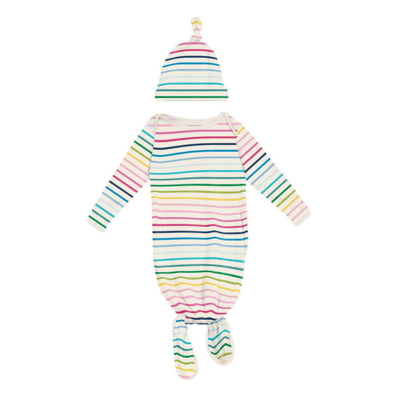 KICKEE PANTS PRINT KNOTTED LAYETTE GOWN & HAT SET-HAPPY STRIPES