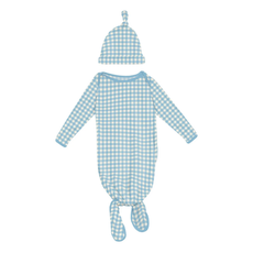 KICKEE PANTS PRINT KNOTTED LAYETTE GOWN & HAT SET-SEASIDE BLUE GINGHAM