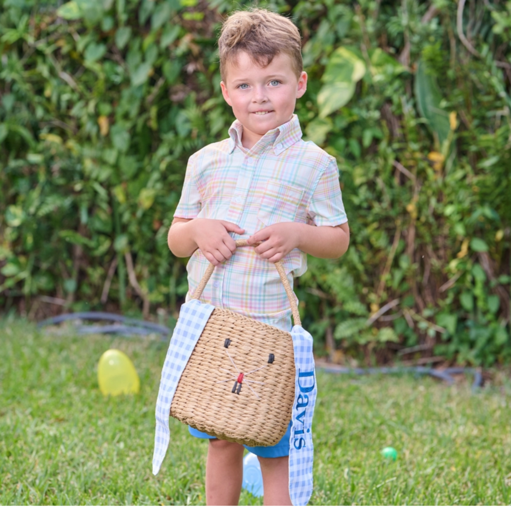 SUGAR BEE CLOTHING KIDS EASTER BASKET-BUNNY EARS-BLUE GINGHAM