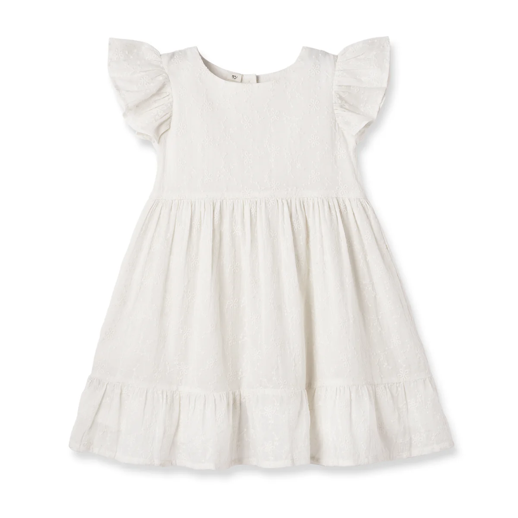 TRUFFLES RUFFLES CHARLOTTE SOFT WHITE EMB. FLUTTER SLEEVE DRESS
