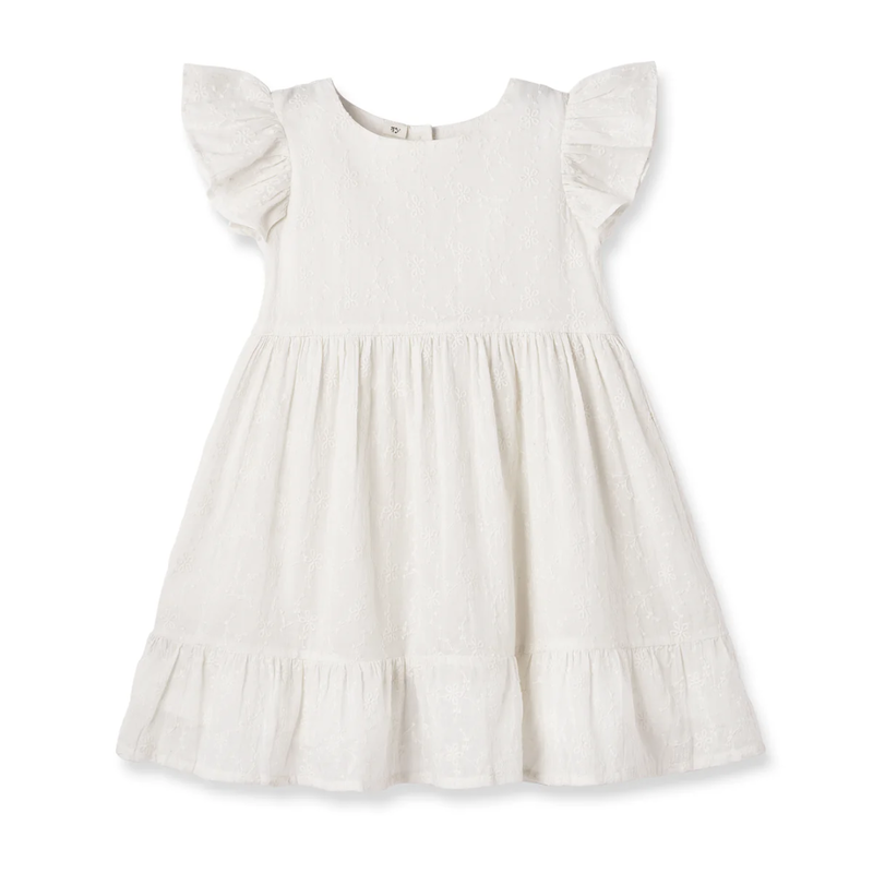 TRUFFLES RUFFLES CHARLOTTE SOFT WHITE EMB. FLUTTER SLEEVE DRESS