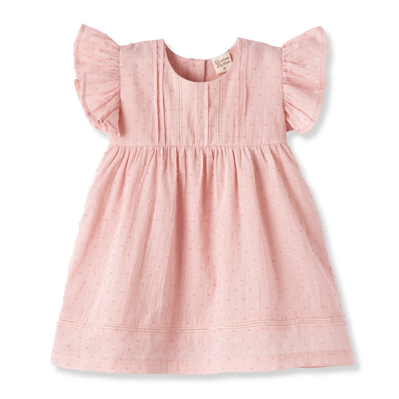 TRUFFLES RUFFLES DAPHNE PINK SWISS DOT FLUTTER SLEEVE DRESS