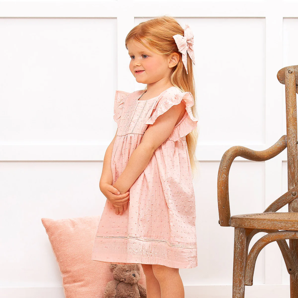 TRUFFLES RUFFLES DAPHNE PINK SWISS DOT FLUTTER SLEEVE DRESS