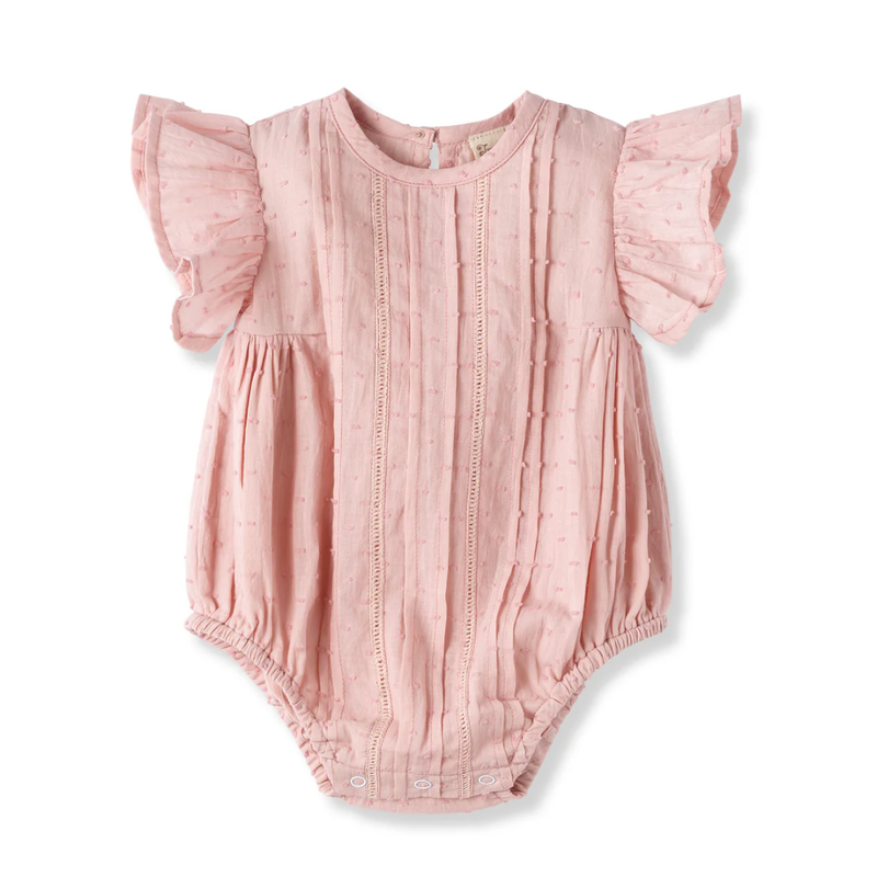 TRUFFLES RUFFLES DAPHNE PINK SWISS DOT FLUTTER SLEEVE BODYSUIT
