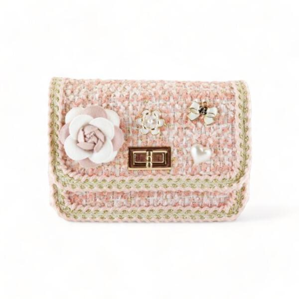 DOE A DEAR FLORAL & CHARMS TWEED PURSE-PINK