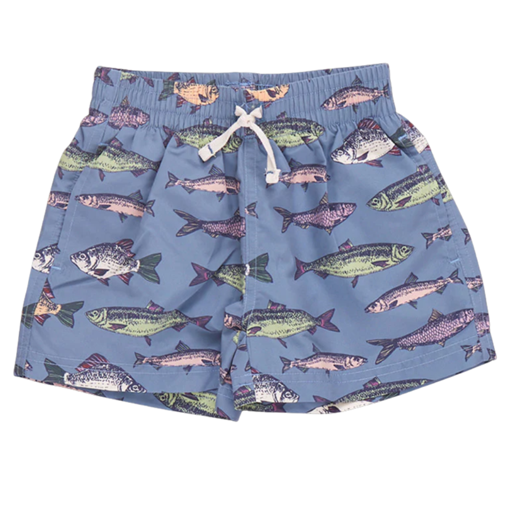 PINK CHICKEN boys swim trunk - bluestone multi fishies