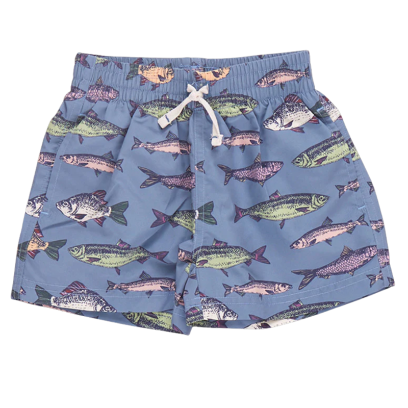 PINK CHICKEN boys swim trunk - bluestone multi fishies