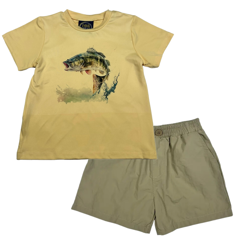 EMMA JEAN KIDS BASS FISH T-SHIRT W/MADDOX SHORTS-KHAKI