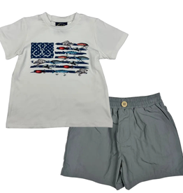 EMMA JEAN KIDS FISHING LURE FLAG T-SHIRT W/MADDOX SHORTS-GREY