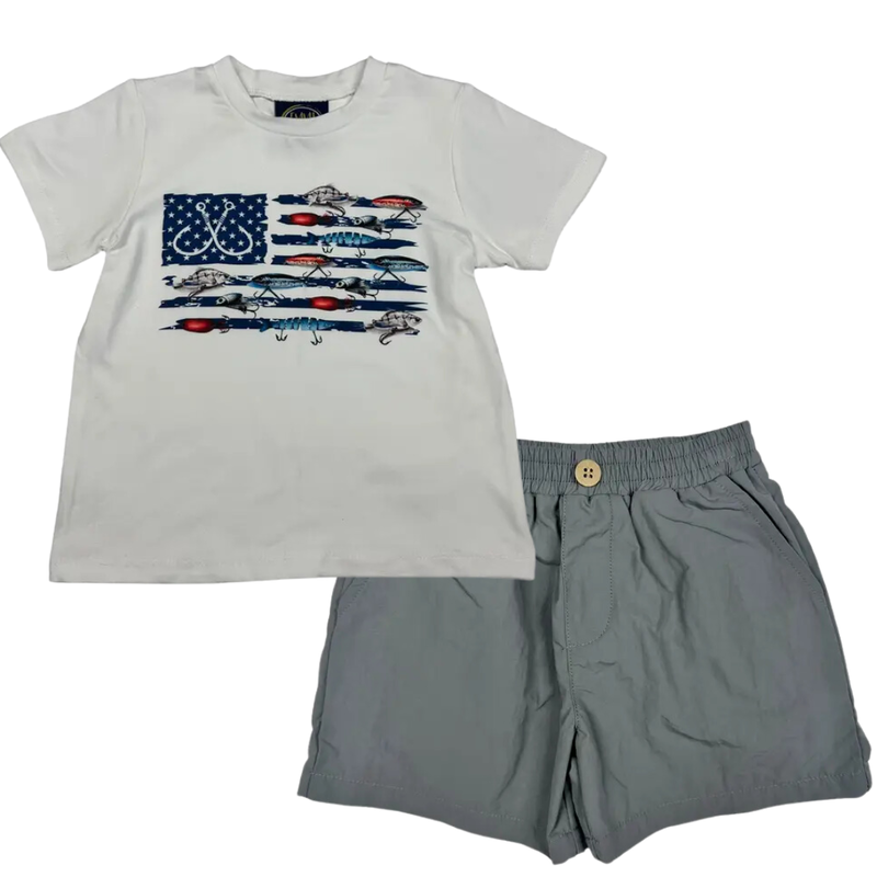 EMMA JEAN KIDS FISHING LURE FLAG T-SHIRT W/MADDOX SHORTS-GREY
