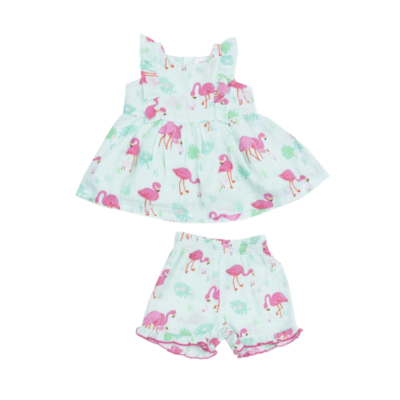 ANGEL DEAR Flamingos Square Neck Ruffle Tank and Short