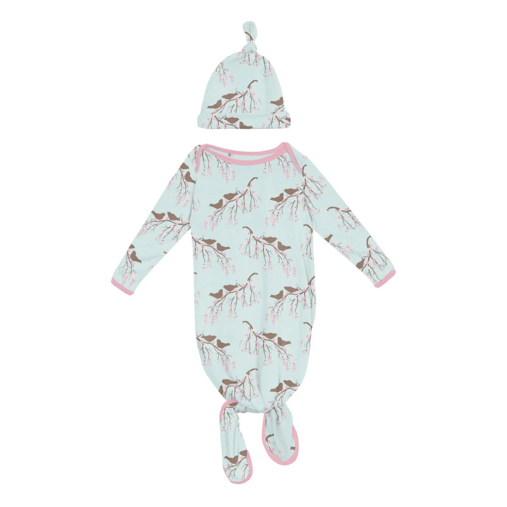 KICKEE PANTS KNOTTED LAYETTE GOWN & HAT SET FRESH AIR BIRD BRANCH