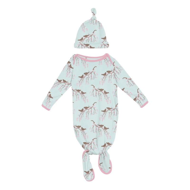 KICKEE PANTS KNOTTED LAYETTE GOWN & HAT SET FRESH AIR BIRD BRANCH
