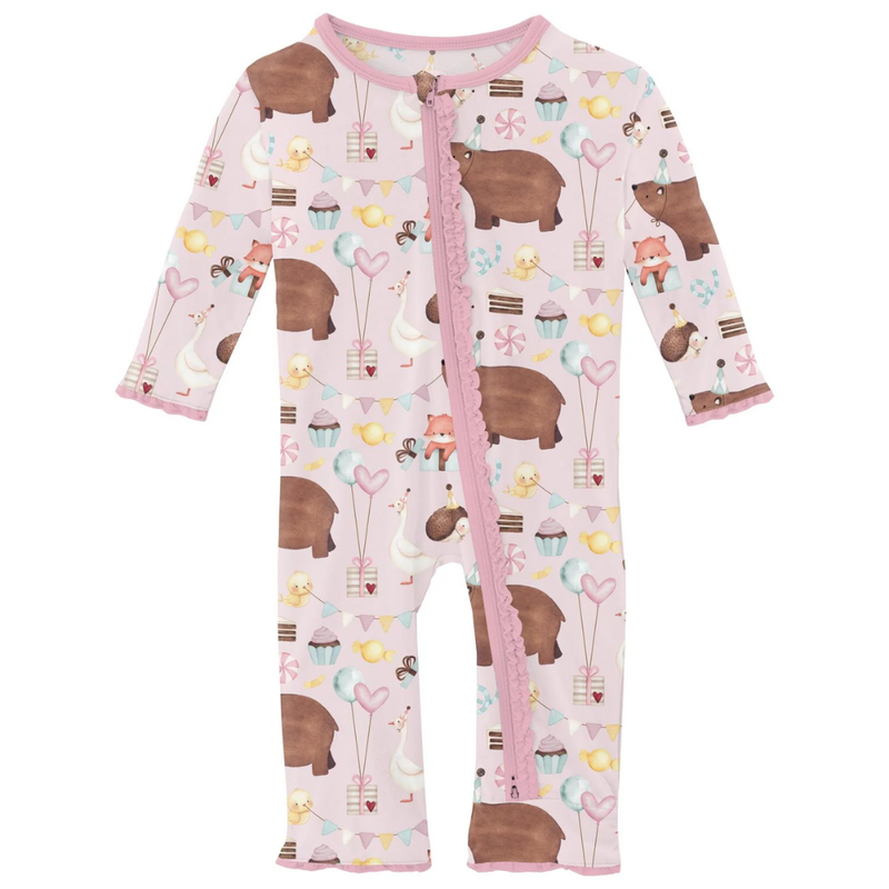 KICKEE PANTS LAYETTE RUFFLE COVERALL W/2WAY ZIPPER VIOLET FOREST PARTY